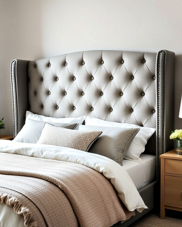 grey tufted wingback headboard design - 25 Grey Headboard Bedroom Ideas