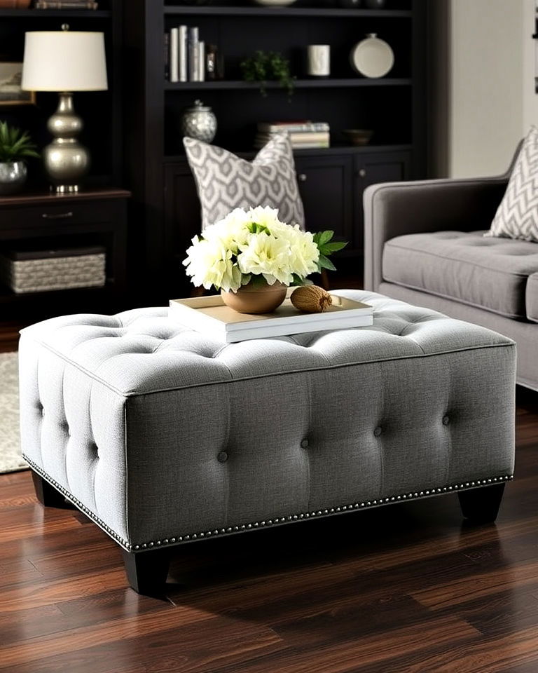 grey upholstered ottoman for dark wood floor living room - 20 Grey Living Room With Dark Wood Floors