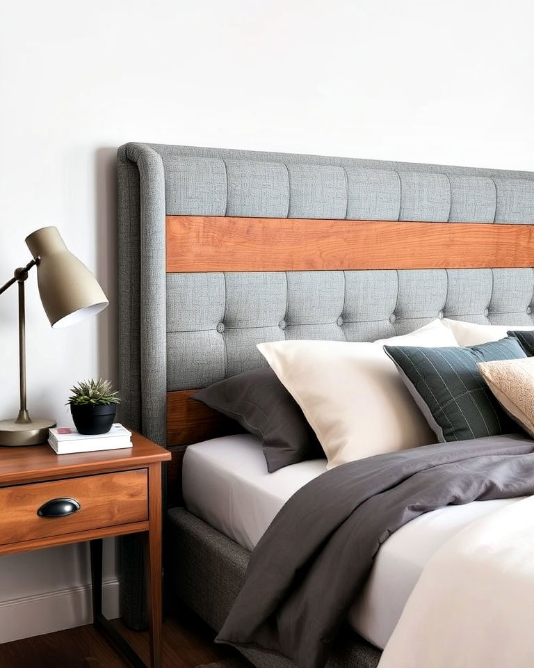 grey upholstery with wood accents - 25 Grey Headboard Bedroom Ideas