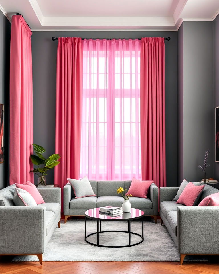 grey walls and pink curtains to add depth - 25 Pink and Grey Living Room Ideas