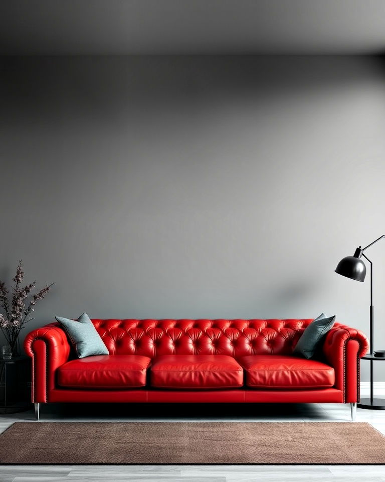 grey walls with red leather sofa - 25 Red and Grey Living Room Ideas
