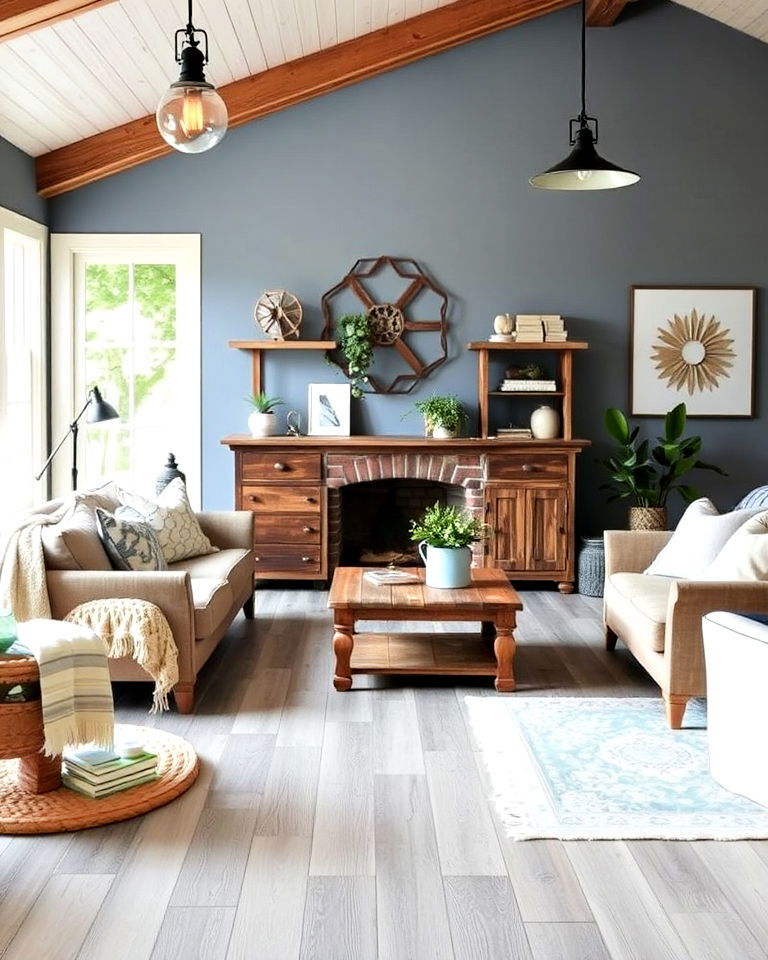 grey wood look floor and dusty blue walls - 20 Grey Floor Living Room With Blue Walls Ideas