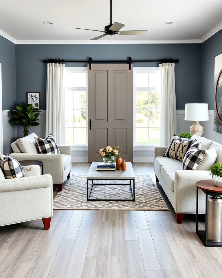 grey wood look floor with muted blue walls - 20 Grey Floor Living Room With Blue Walls Ideas
