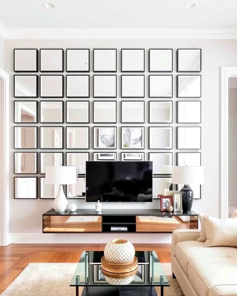 grid arrangement of square mirrors - 20 Mirror Collage Wall Ideas