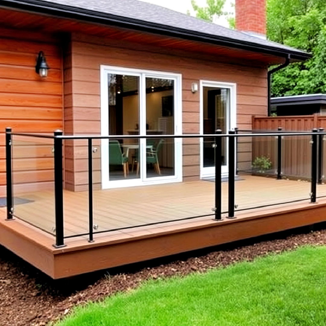 ground level deck with modern glass panels - 25 Ground Level Deck Ideas