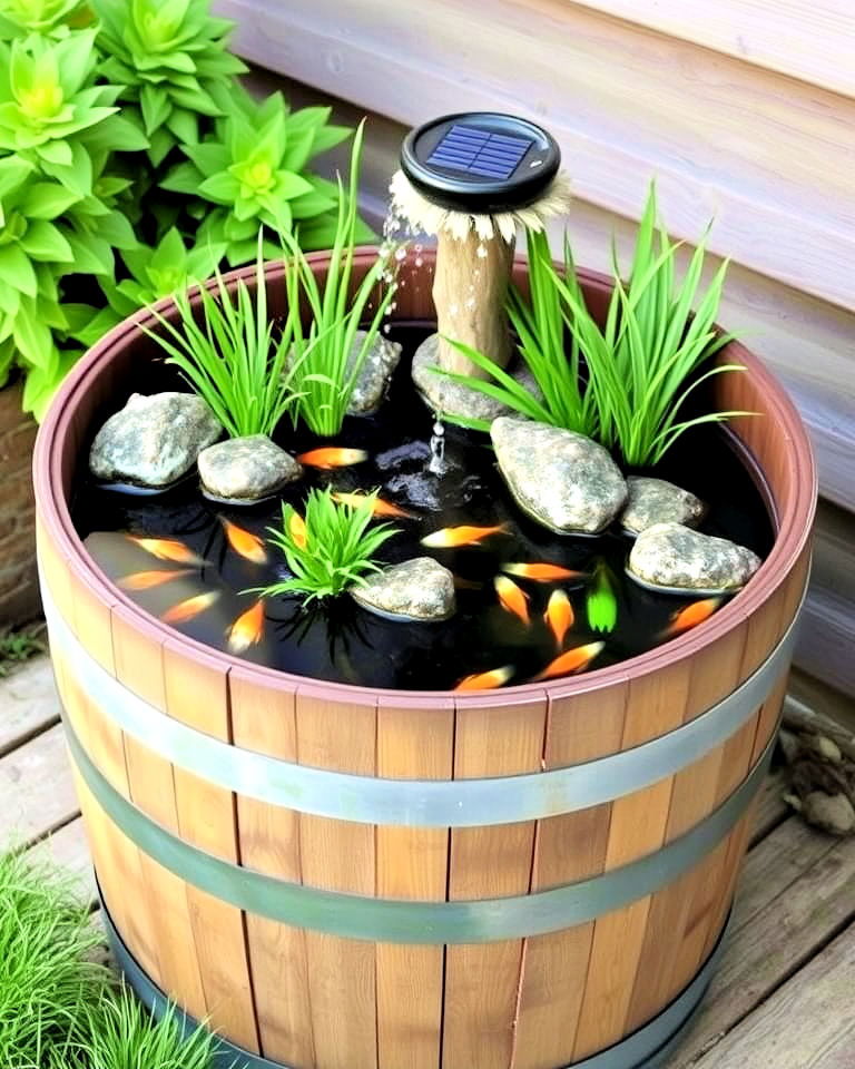 half wine barrel fish pond - 15 Container Fish Pond Ideas