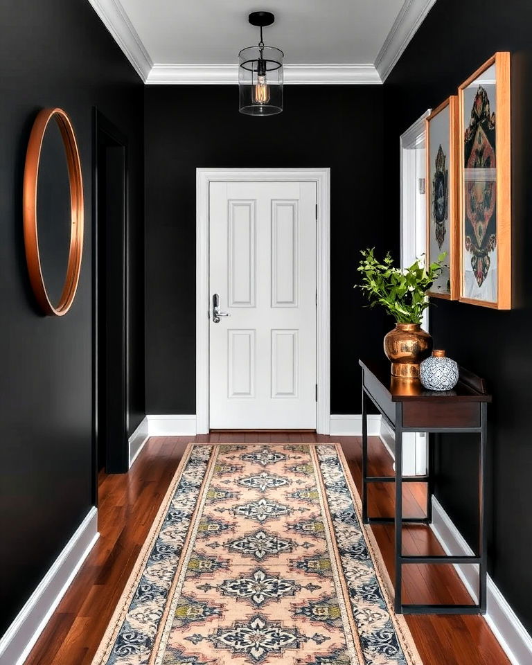 hallway rug to add modern touch - 15 Black Hallway Ideas