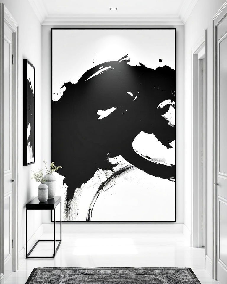 hallway with abstract black and white artwork - 20 Black and White Hallway Ideas
