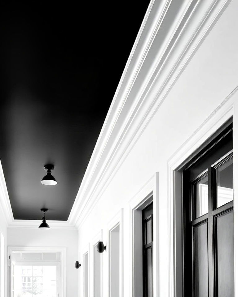 hallway with black ceiling and white walls - 20 Black and White Hallway Ideas