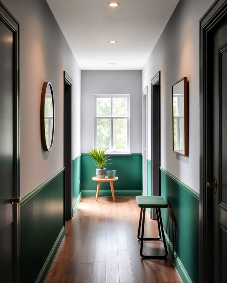 hallway with green and gray color block walls - 20 Green Hallway Ideas