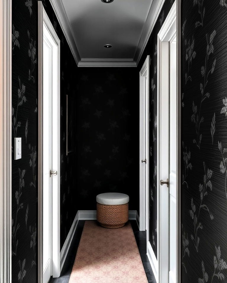 hallway with textured black wallpaper - 15 Black Hallway Ideas