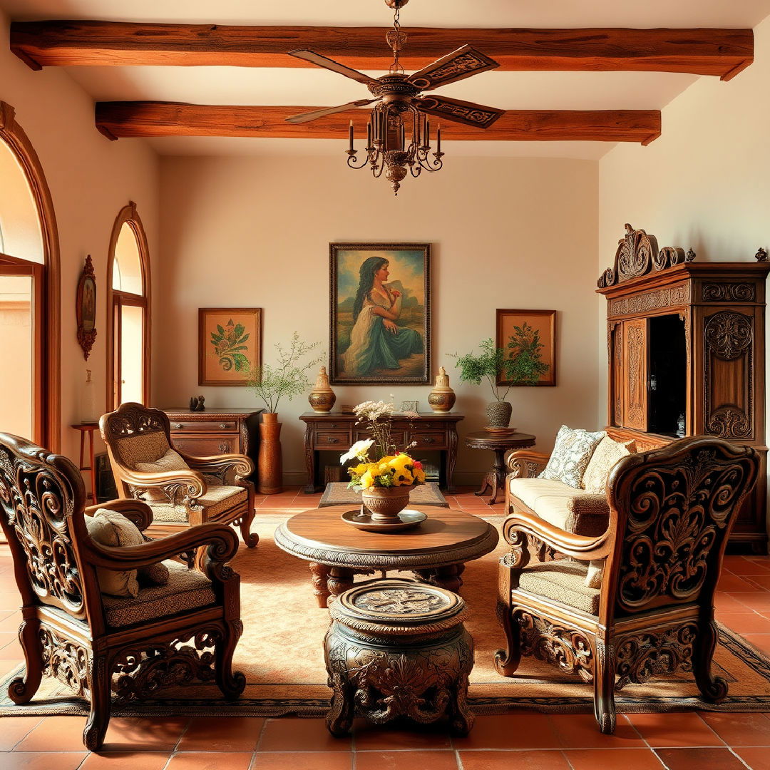 hand carved wooden furniture for spanish style living room - 25 Spanish Style Living Room Ideas