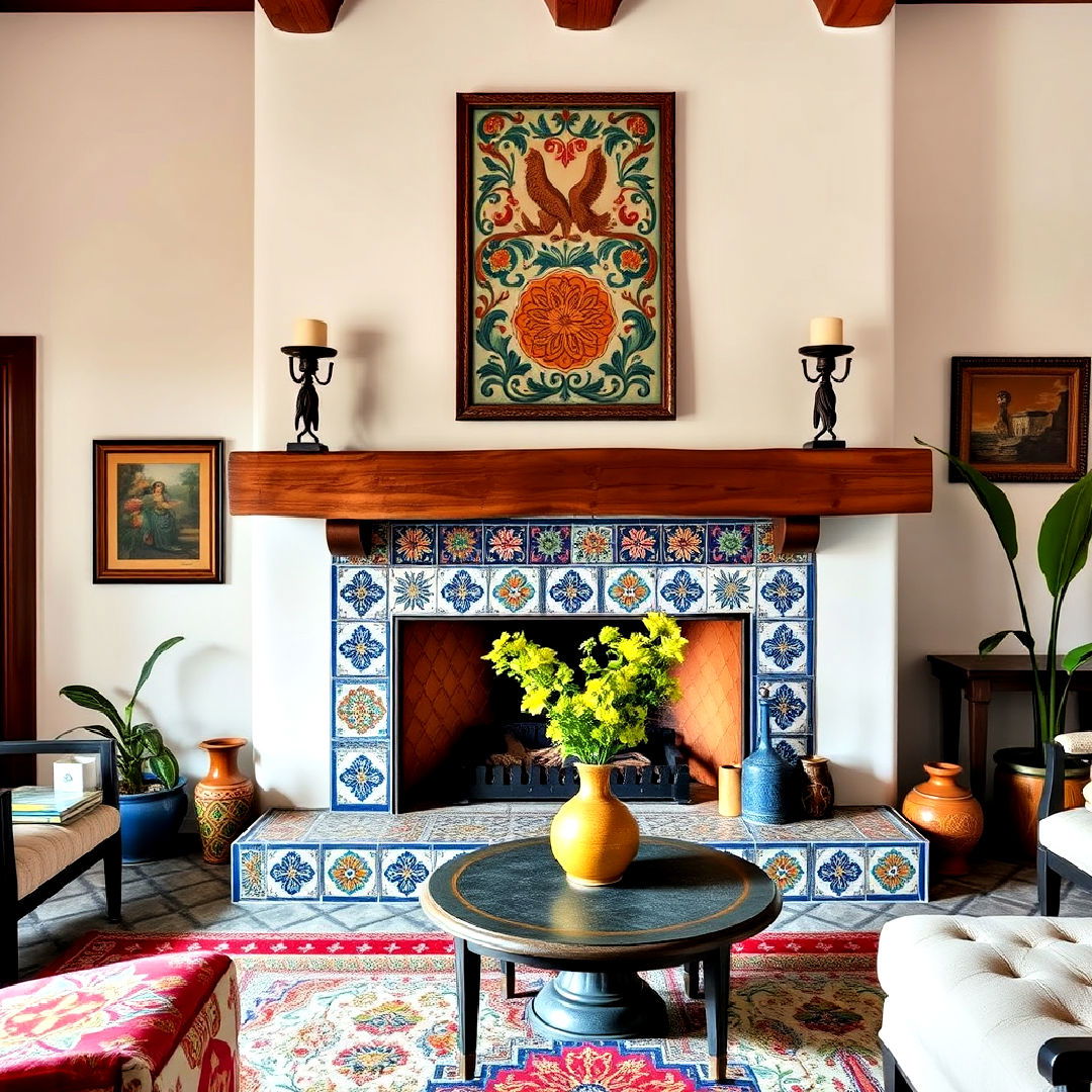 hand painted tiles for accent fireplace - 25 Southwestern Living Room Ideas