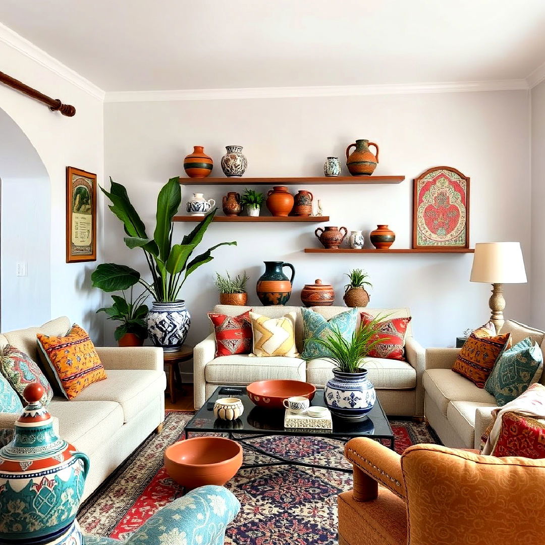 handcrafted pottery and ceramics for spanish style living room - 25 Spanish Style Living Room Ideas