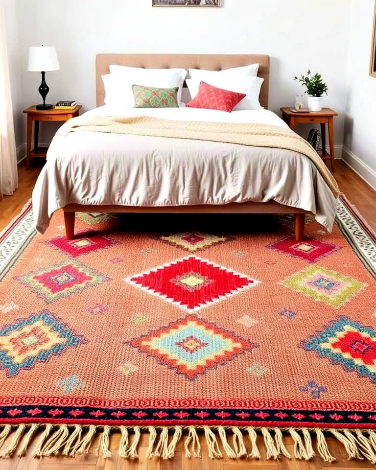 handwoven area rug with moroccan pattern - 20 Bohemian Moroccan Bedroom Ideas