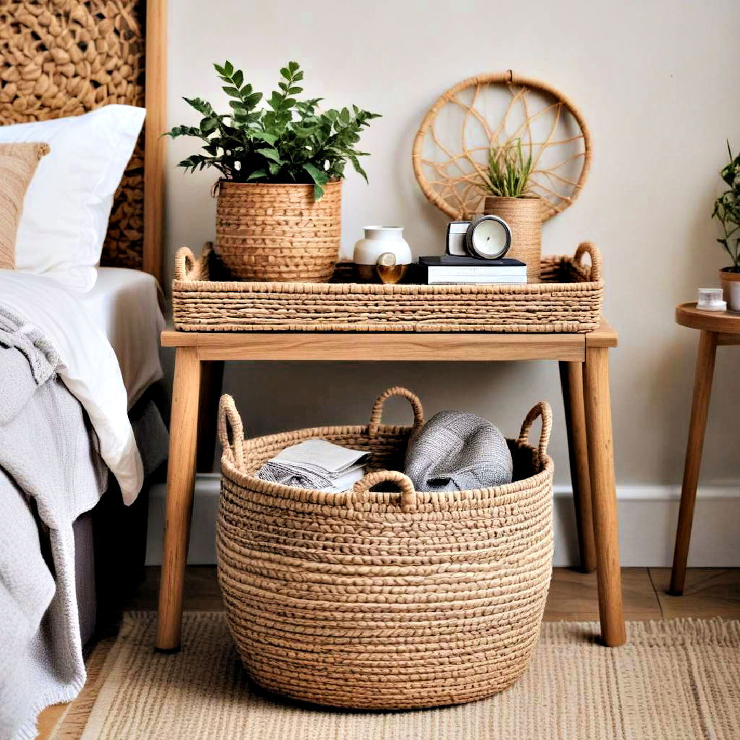 handwoven baskets for storage - 40 Boho Bedroom Ideas