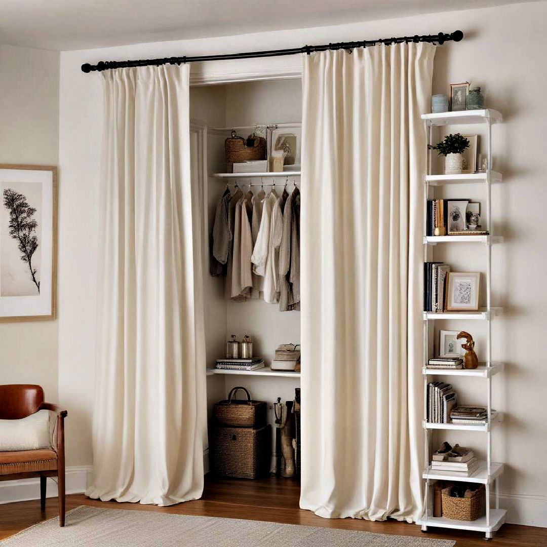 hang a curtain to cover open shelving - 40 Small Entryway Ideas