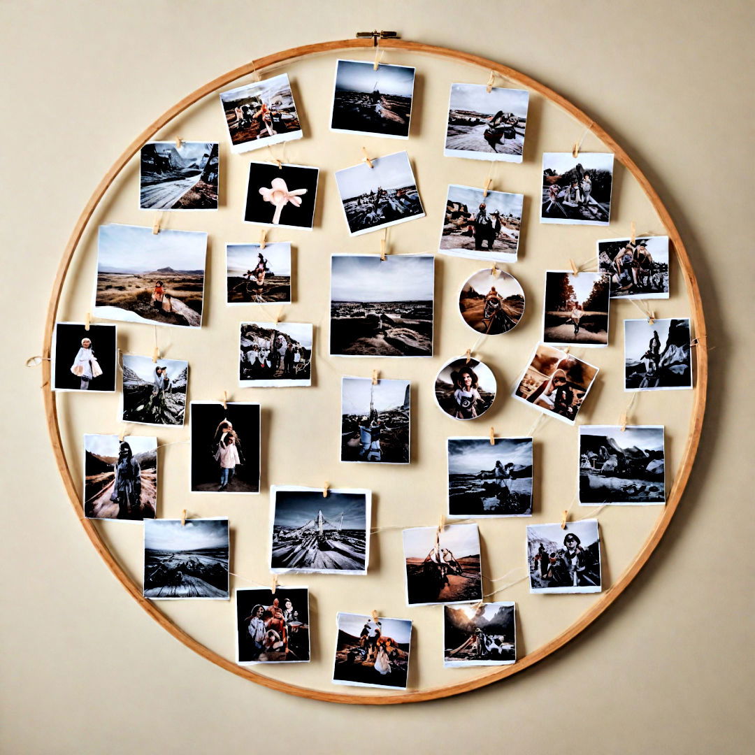 hang a large hoop and clip your photos - 40 Photo Wall Ideas