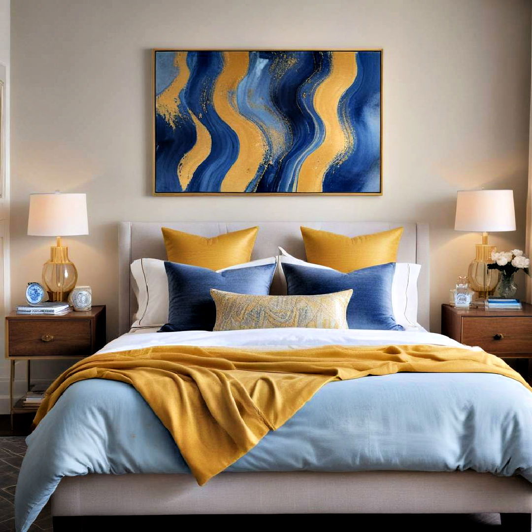 hang blue and gold artwork - 20 Blue and Gold Bedroom Ideas