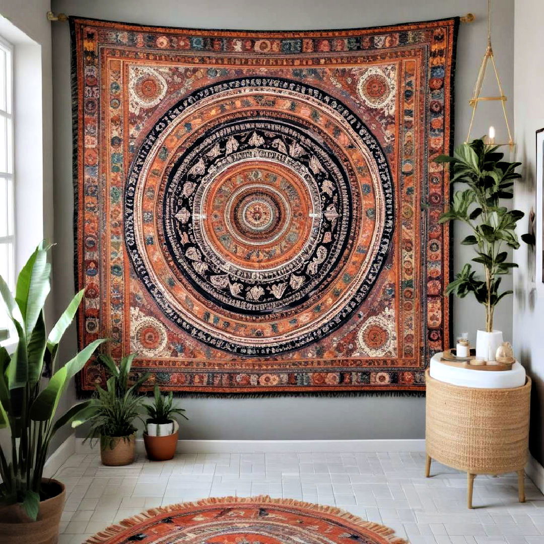 hang colorful boho tapestry - 25 Boho Bathroom Ideas