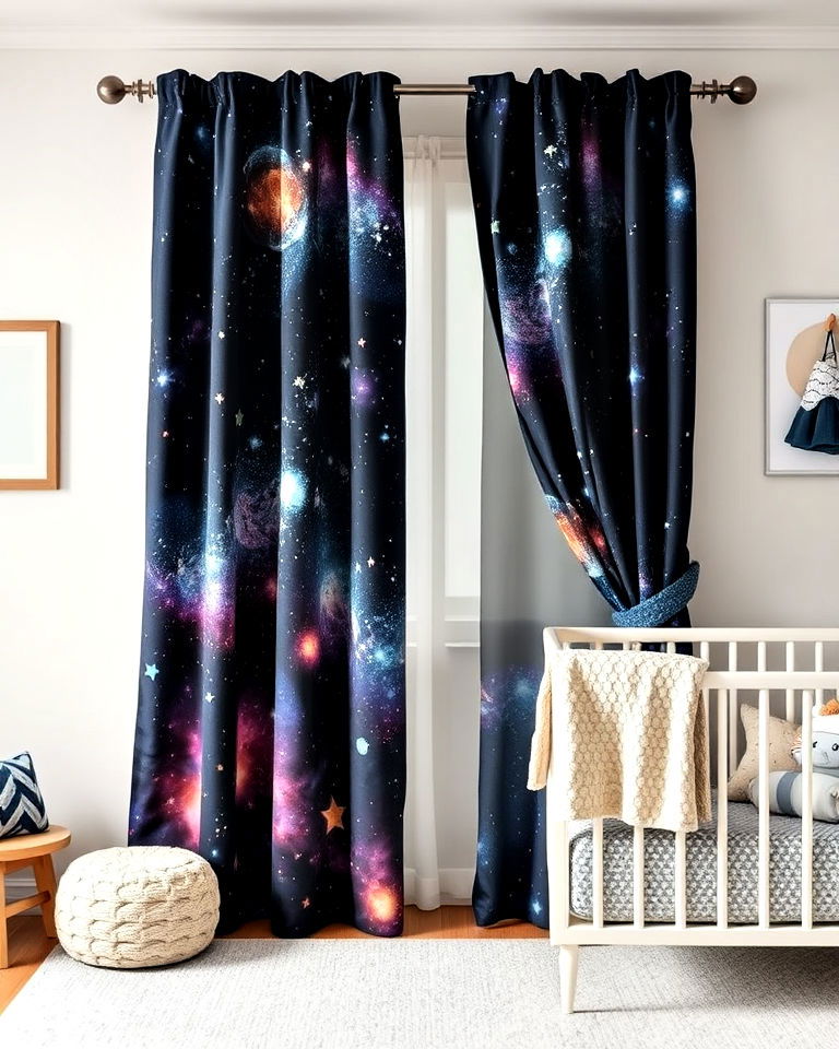 hang cosmic themed curtain panels - 20 Space-themed Nursery Ideas