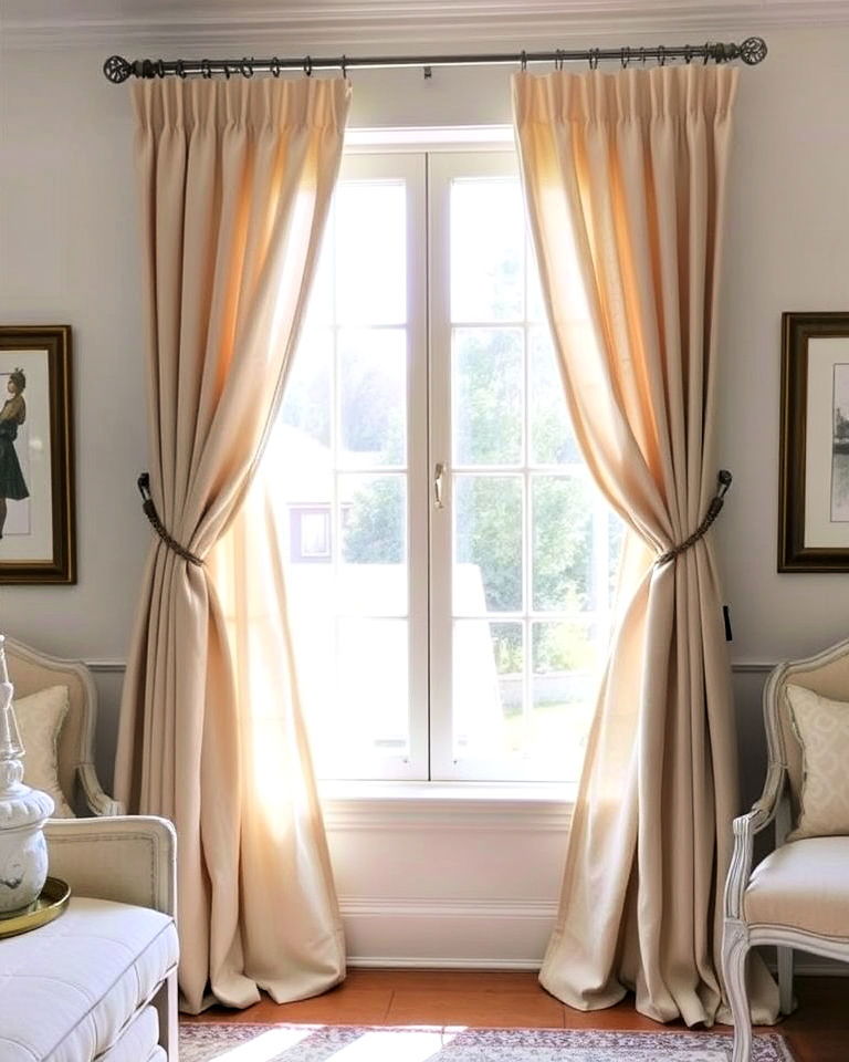 hang curtains with elegant tiebacks - 30 French Country Decor Ideas