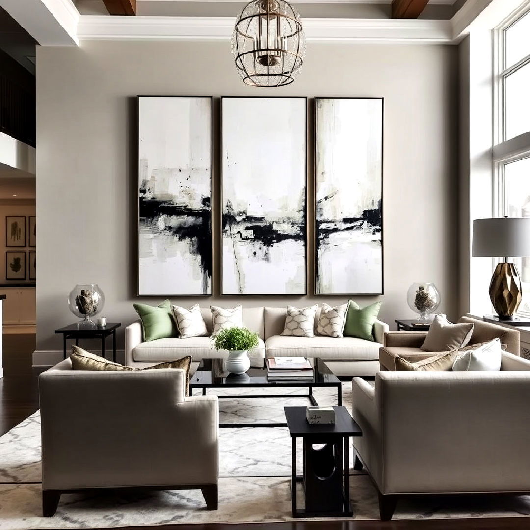 hang dramatic oversized artwork - 40 Transitional Living Room Ideas