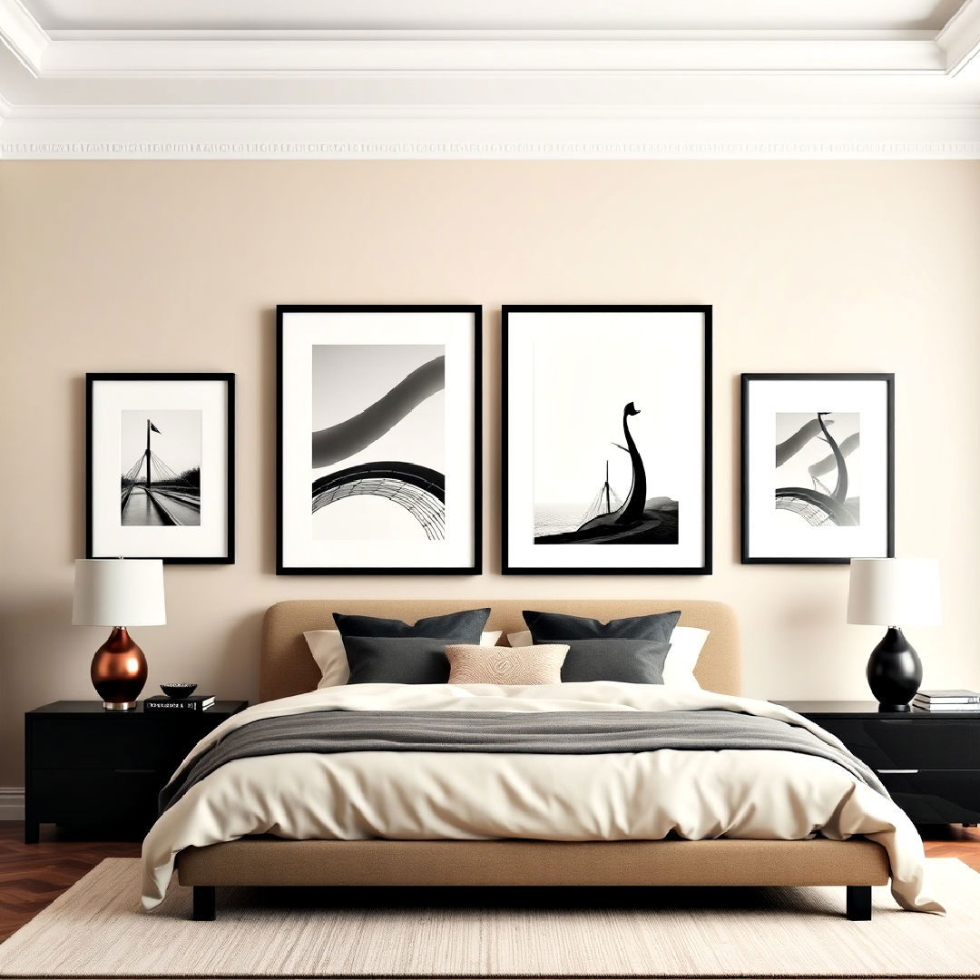hang elegant framed artwork - 20 Black and Beige Bedroom Design Ideas