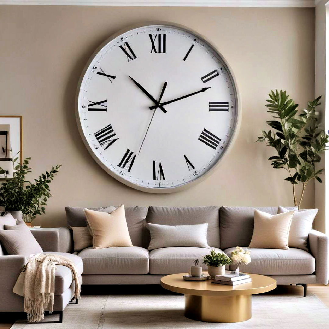 hang oversized wall clock - 40 Neutral Living Room Ideas