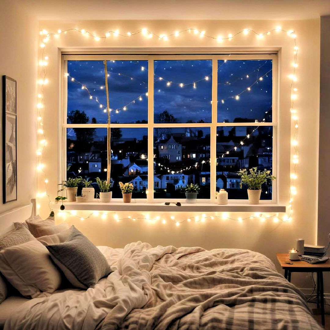 hang string lights around window frame - 40 Cozy Bedroom Ideas