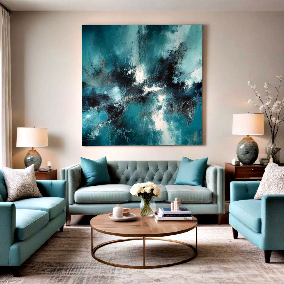 hang teal art piece - 25 Teal Living Room Ideas
