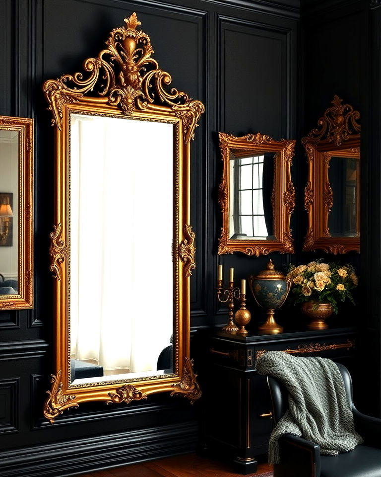 hang timeless gilded mirrors - 20 Dark Academia Dining Room Ideas