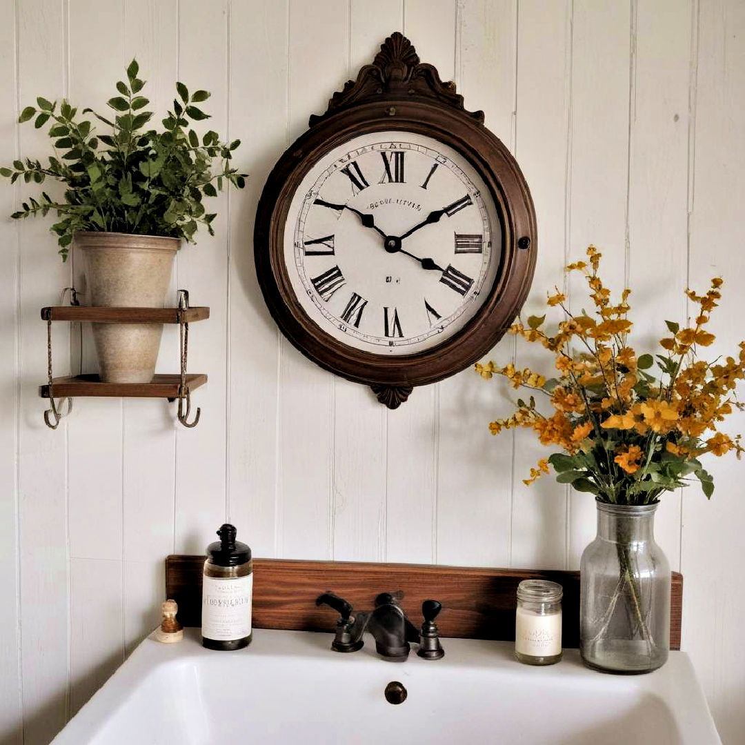 hang vintage clock in bathroom - 40 Farmhouse Bathroom Ideas