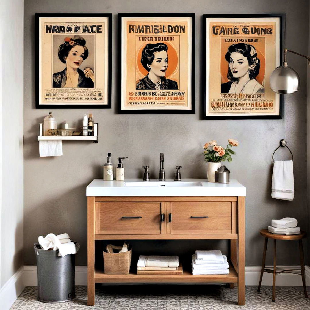 hang vintage posters on wall - 25 Bathroom Art Ideas