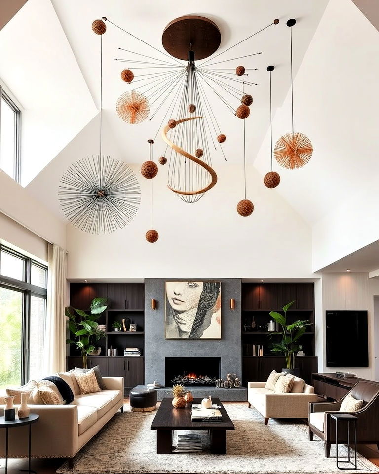 hanging art installation ideas - 25 High Ceiling Living Room Ideas
