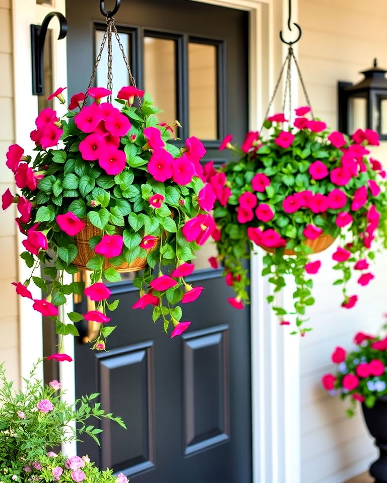 hanging basket planters for balanced look - 15 Summer Front Door Decor Ideas