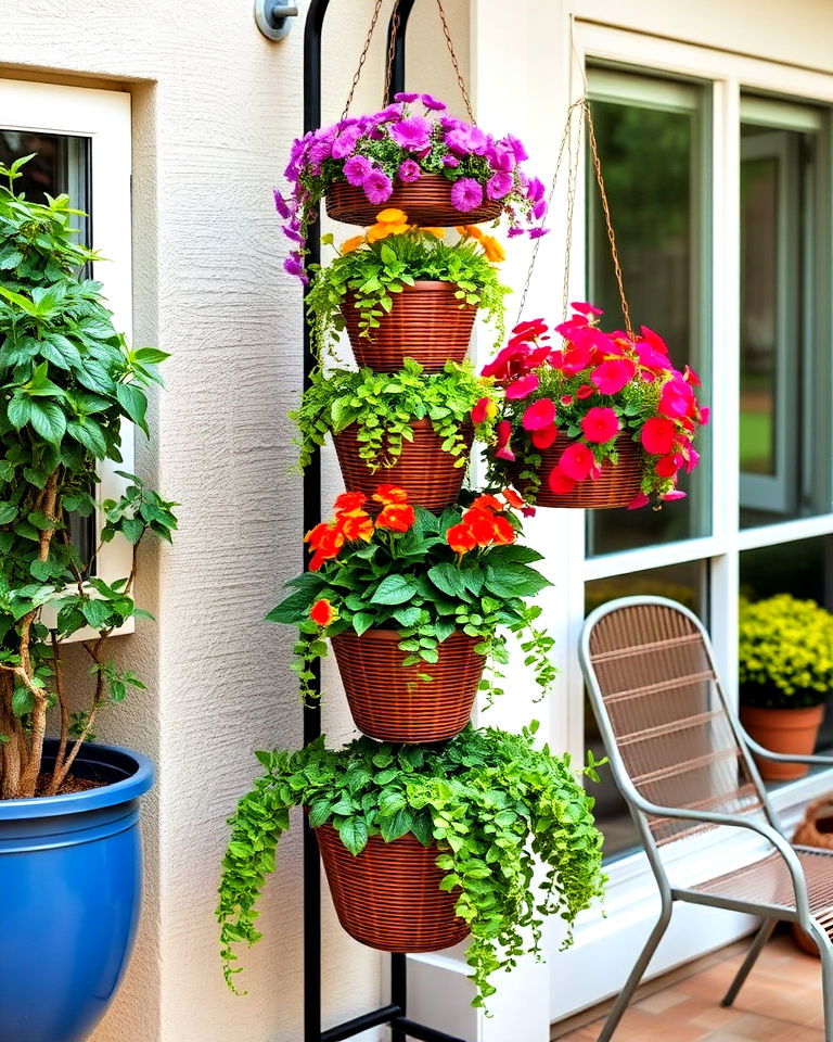 hanging basket tower as vertical garden - 40 Vertical Garden Ideas