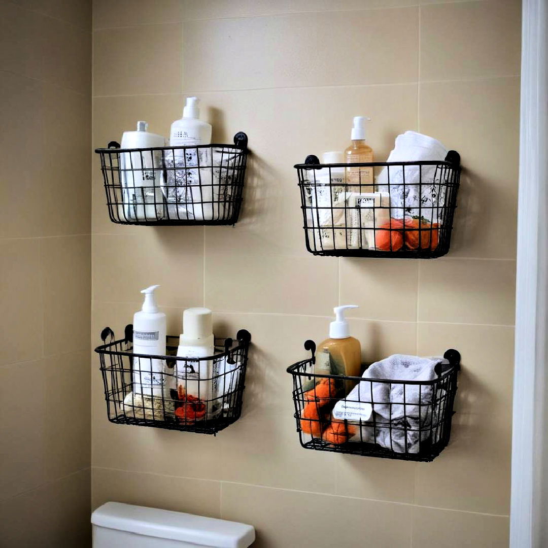 hanging baskets for accessible storage - 25 Over Toilet Storage Ideas