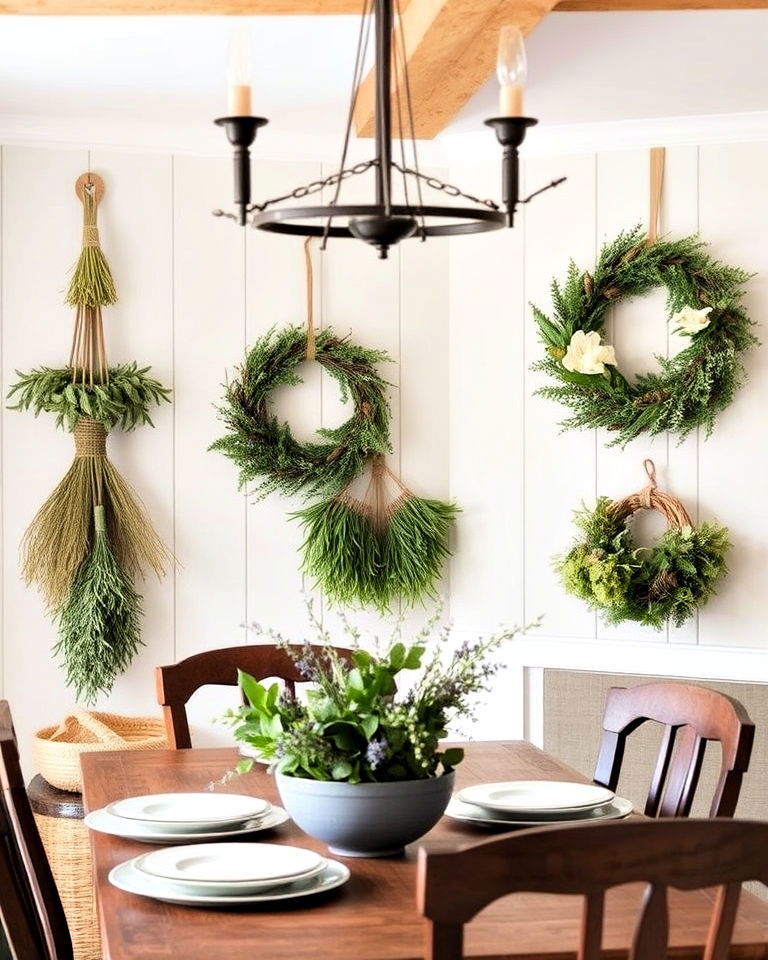 hanging herbs and wreaths to add whimsical touch - 30 Cottagecore Dining Room Ideas