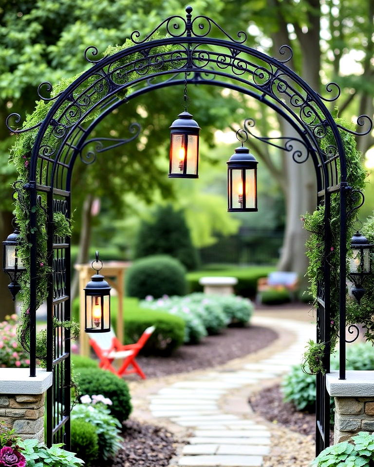 hanging lanterns for timeless wrought iron arbor - 40 Garden Arbor Ideas