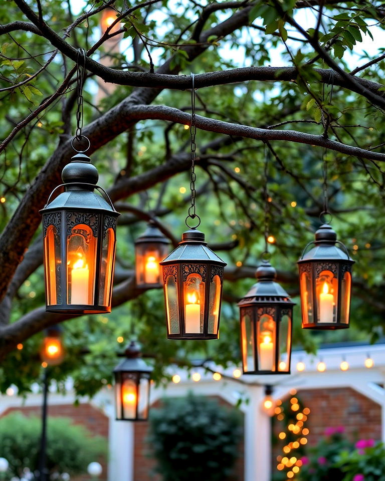hanging lanterns from tree branches - 40 Garden Lighting Ideas