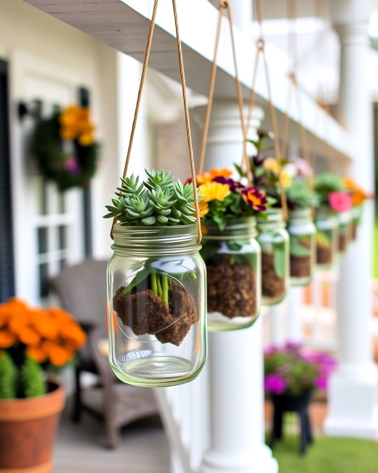 hanging mason jar as fall planters - 40 Fall Planter Ideas
