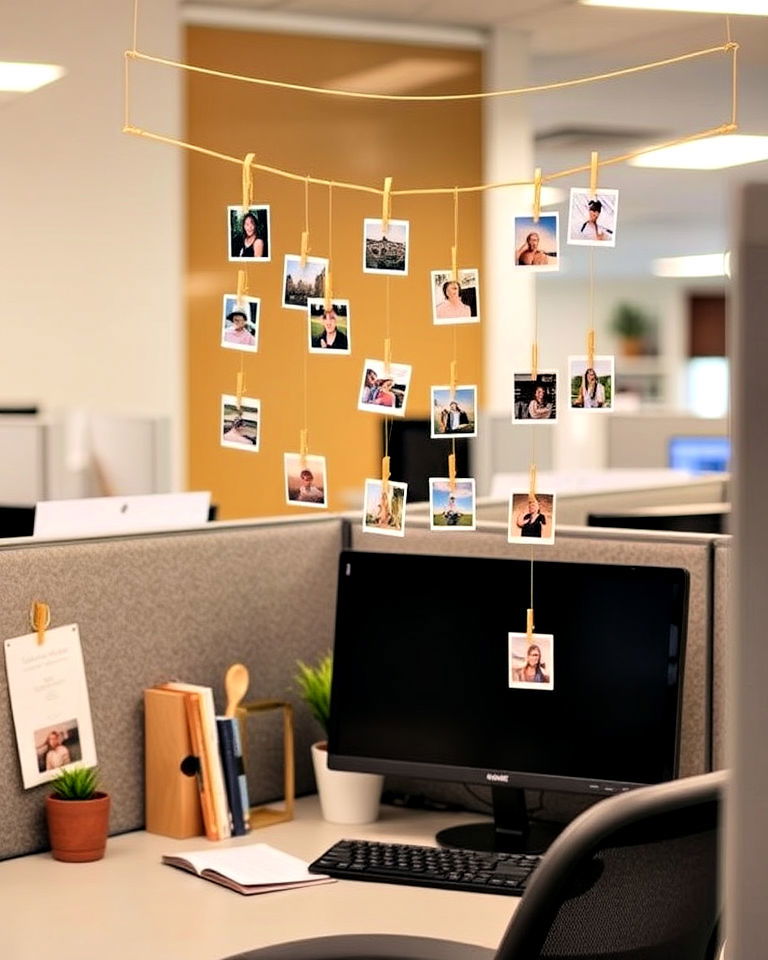 hanging photo display for personal touch - 30 Cubicle Decor Ideas