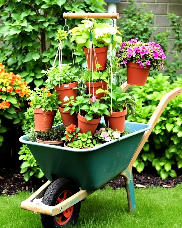 hanging plant display with wheelbarrow - 25 Old Wheelbarrow Ideas