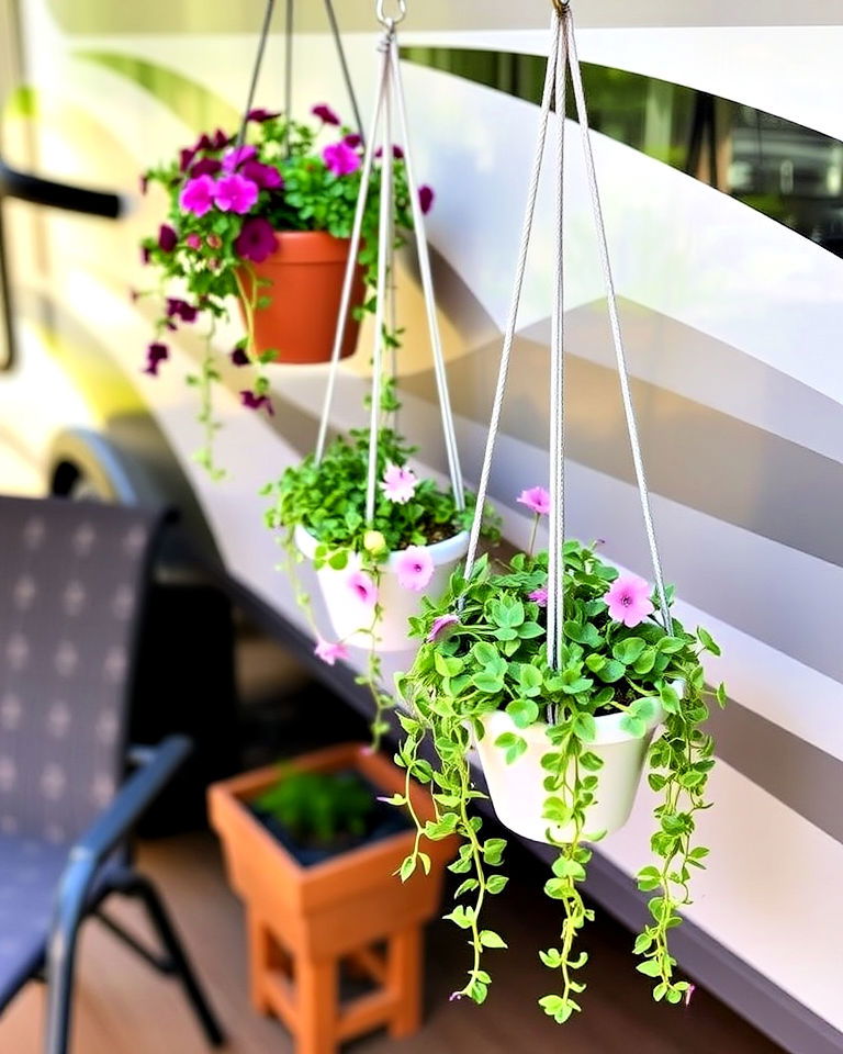 hanging planters along rv - 30 Rv Campsite Decorating Ideas