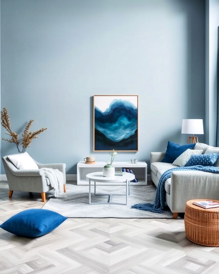 harmonious monochromatic blue and grey palette - 20 Grey Floor Living Room With Blue Walls Ideas