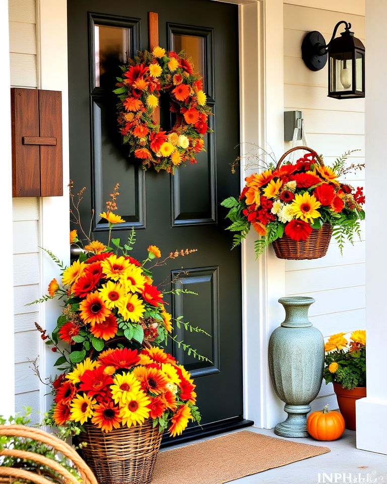 harvest baskets with elegant seasonal florals - 30 Front Door Fall Decor Ideas