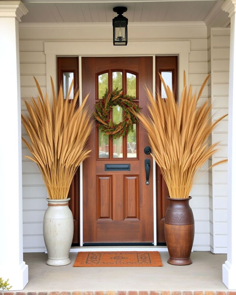 harvest inspired wheat sheaves in vases - 30 Front Door Fall Decor Ideas