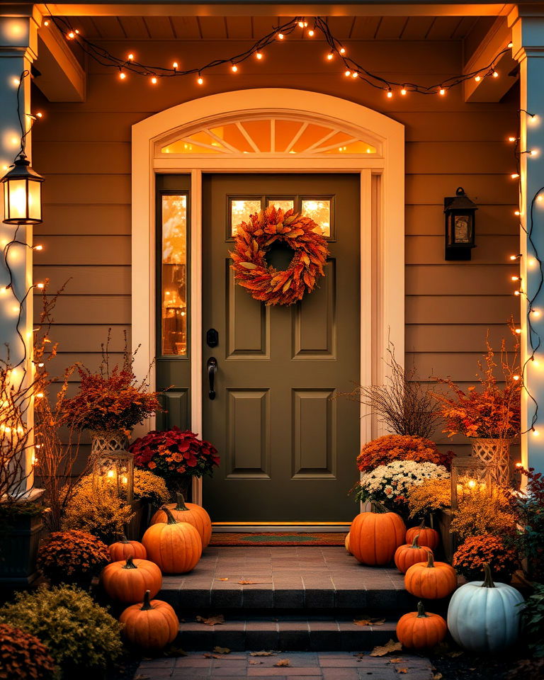 harvest moon inspired lighting around front door - 30 Front Door Fall Decor Ideas