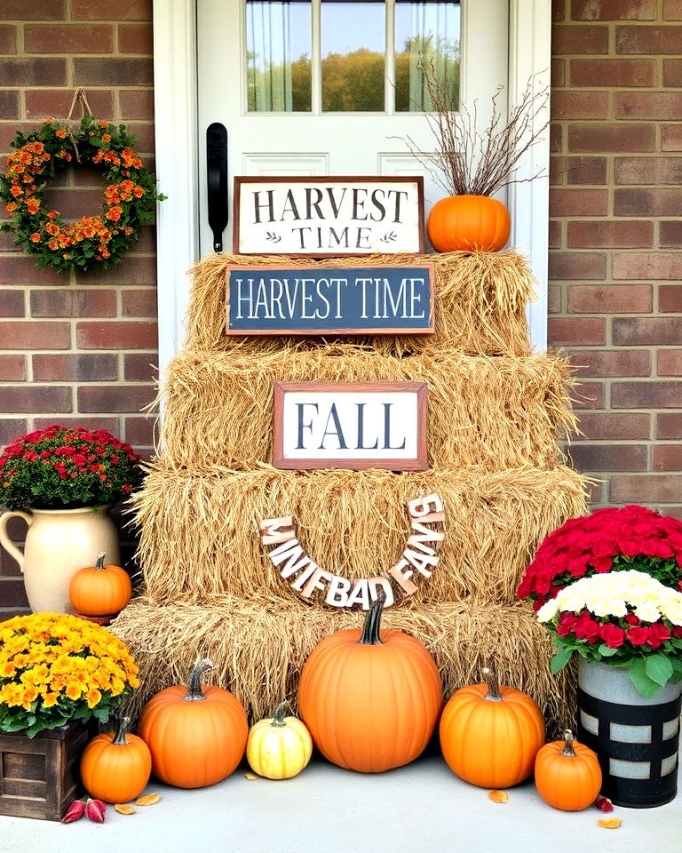 hay bales and personalized seasonal signs - 30 Front Door Fall Decor Ideas